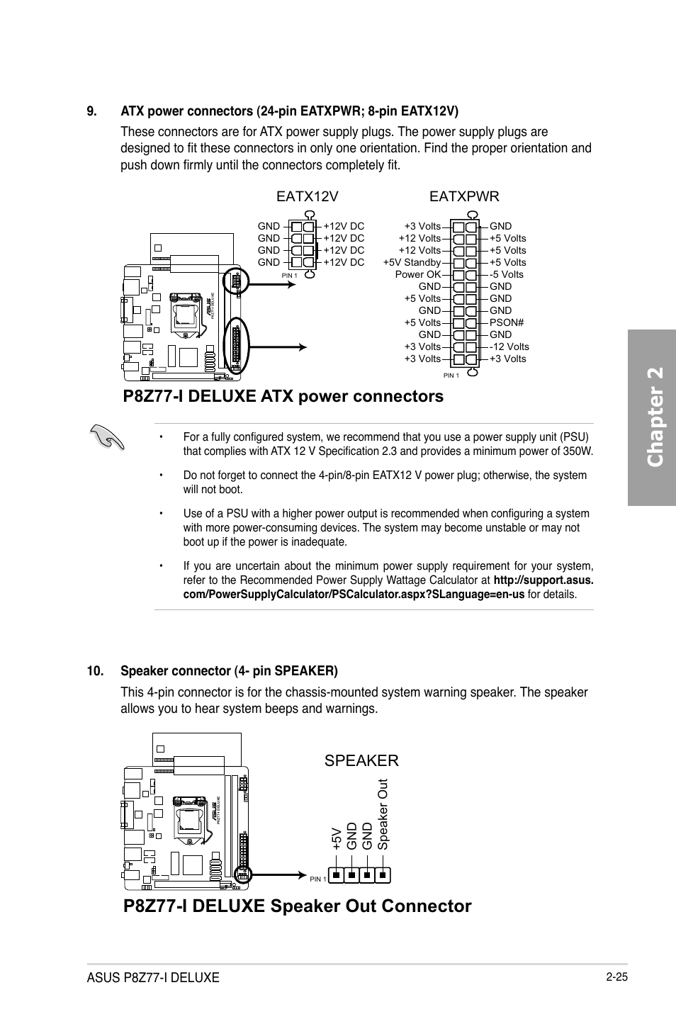 Chapter 2, P8z77-i deluxe speaker out connector, P8z77-i deluxe atx power connectors | Speaker, Eatxpwr, Eatx12v | Asus P8Z77-I DELUXE/WD User Manual | Page 45 / 178