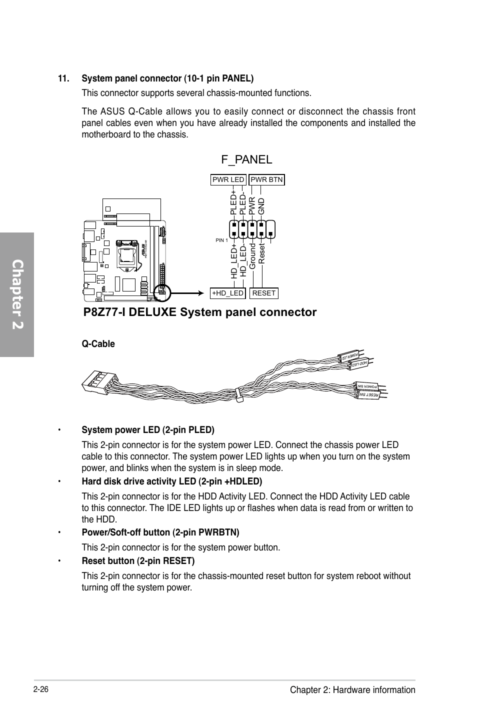 Chapter 2, P8z77-i deluxe system panel connector, F_panel | Asus P8Z77-I DELUXE/WD User Manual | Page 46 / 178