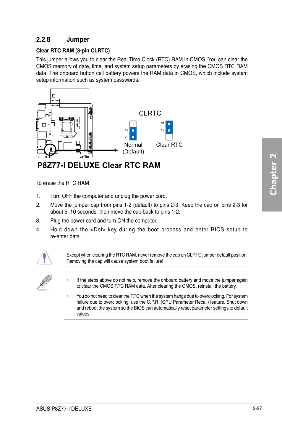 8 jumper, Jumper -27, Chapter 2 | P8z77-i deluxe clear rtc ram, Clrtc | Asus P8Z77-I DELUXE/WD User Manual | Page 47 / 178