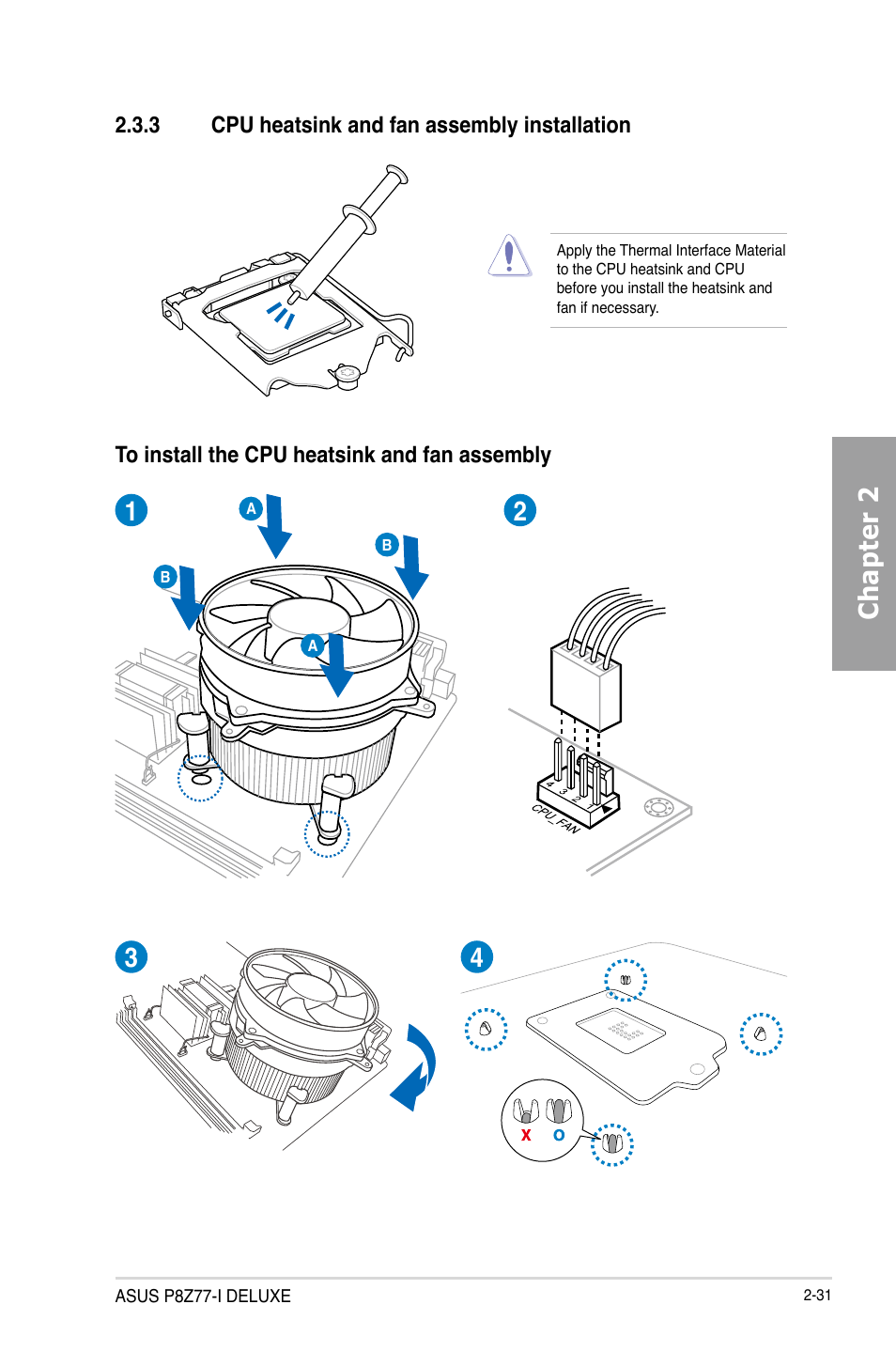 3 cpu heatsink and fan assembly installation, Cpu heatsink and fan assembly installation -31, Chapter 2 | Asus P8Z77-I DELUXE/WD User Manual | Page 51 / 178