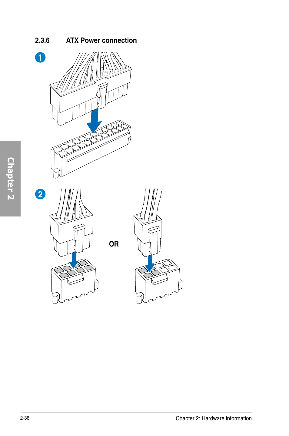 6 atx power connection, Atx power connection -36, Chapter 2 | Asus P8Z77-I DELUXE/WD User Manual | Page 56 / 178