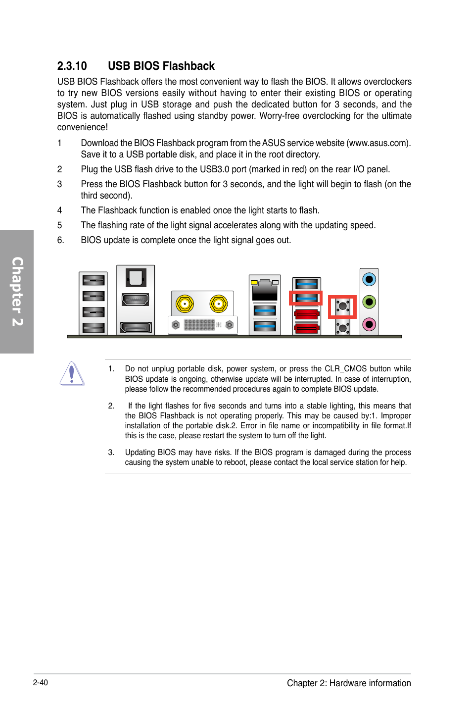 10 usb bios flashback, Usb bios flashback -40, Chapter 2 | Asus P8Z77-I DELUXE/WD User Manual | Page 60 / 178