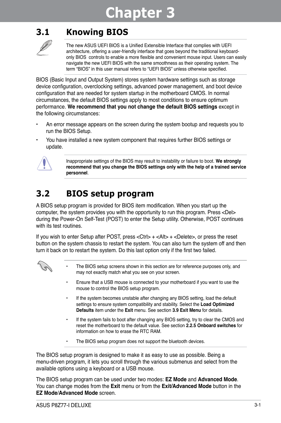 Chapter 3: bios setup, 1 knowing bios, 2 bios setup program | Chapter 3, Bios setup, Knowing bios -1, Bios setup program -1 | Asus P8Z77-I DELUXE/WD User Manual | Page 67 / 178