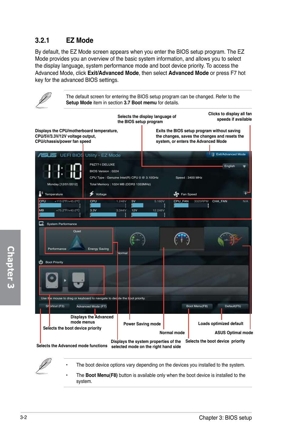 1 ez mode, Ez mode -2, Chapter 3 | Chapter 3: bios setup | Asus P8Z77-I DELUXE/WD User Manual | Page 68 / 178