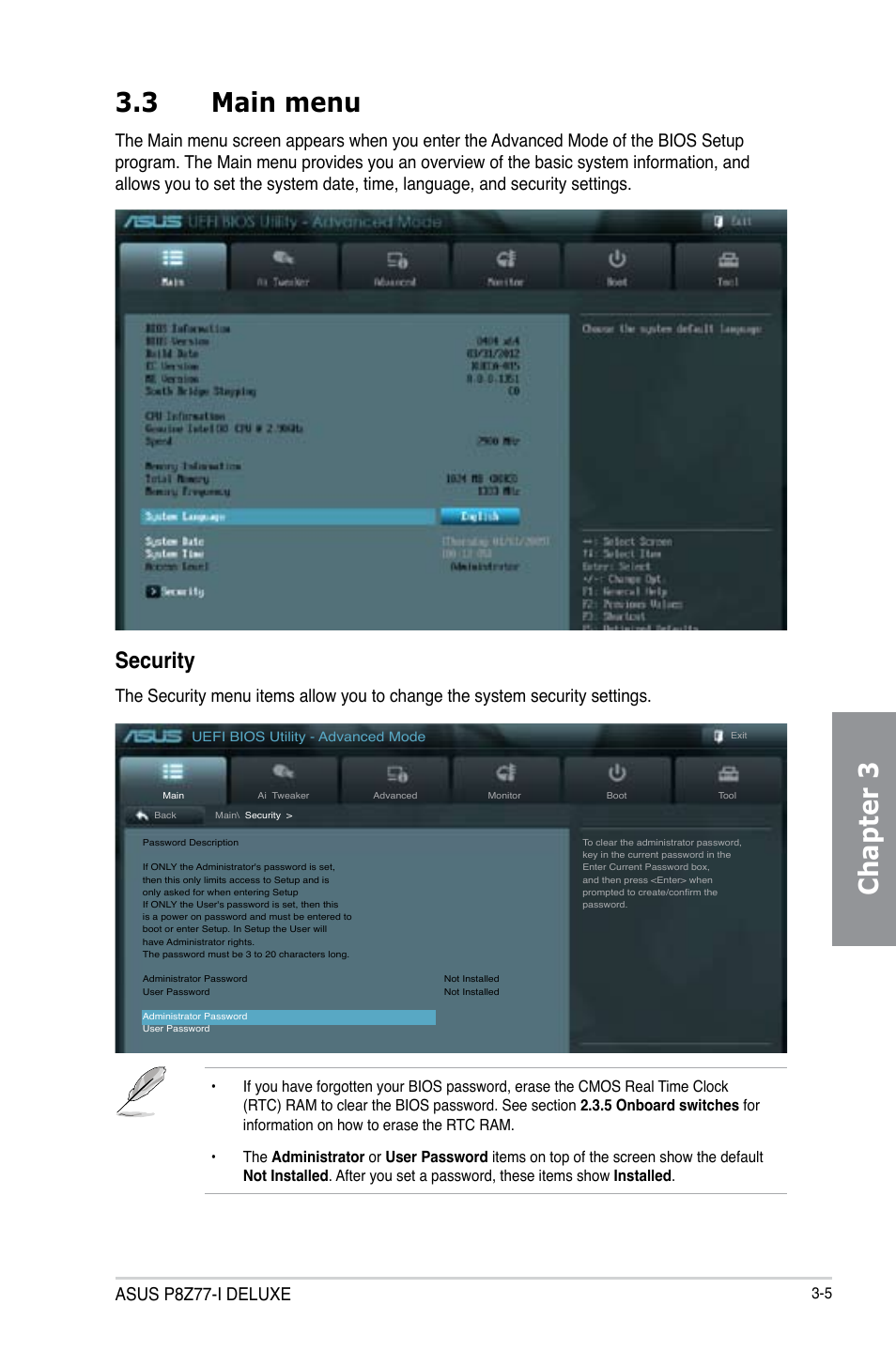 3 main menu, Main menu -5, Chapter 3 3.3 main menu | Security, Asus p8z77-i deluxe | Asus P8Z77-I DELUXE/WD User Manual | Page 71 / 178