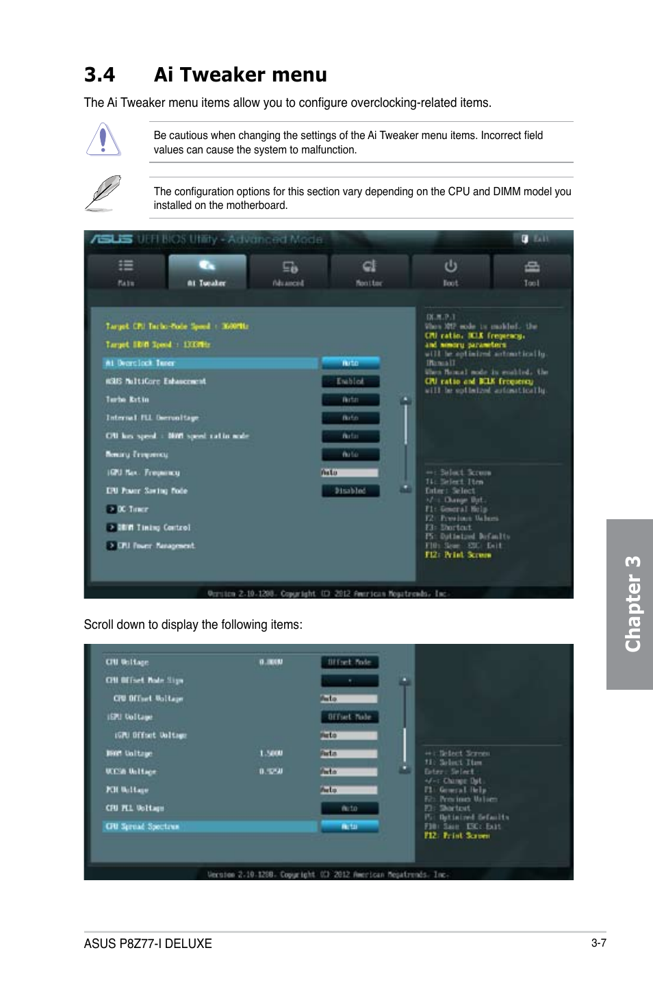 4 ai tweaker menu, Ai tweaker menu -7, Chapter 3 3.4 ai tweaker menu | Asus P8Z77-I DELUXE/WD User Manual | Page 73 / 178