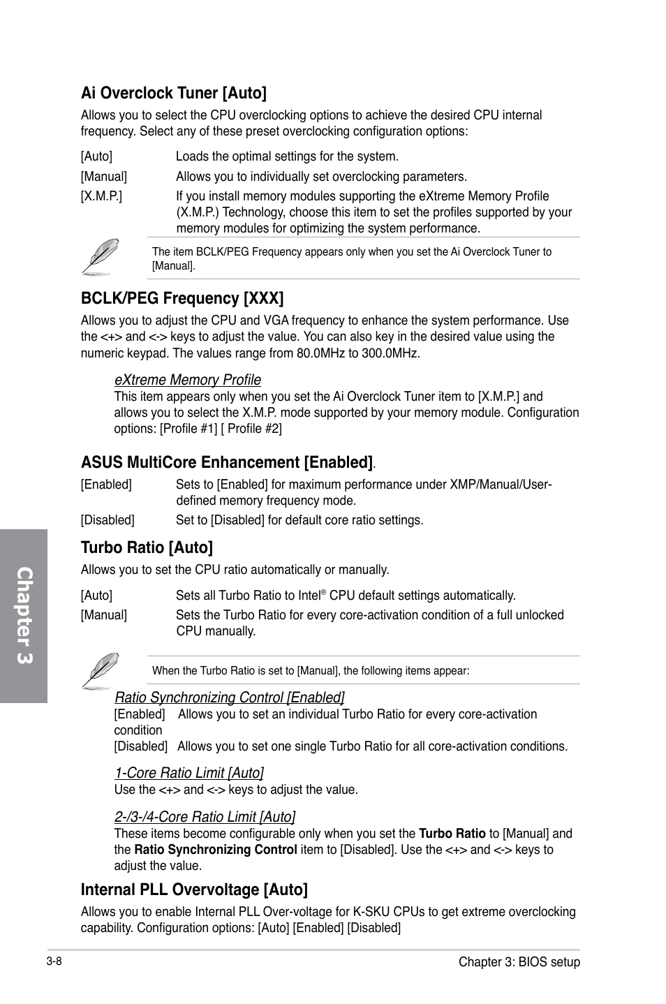 Chapter 3, Ai overclock tuner [auto, Bclk/peg frequency [xxx | Asus multicore enhancement [enabled, Turbo ratio [auto, Internal pll overvoltage [auto | Asus P8Z77-I DELUXE/WD User Manual | Page 74 / 178