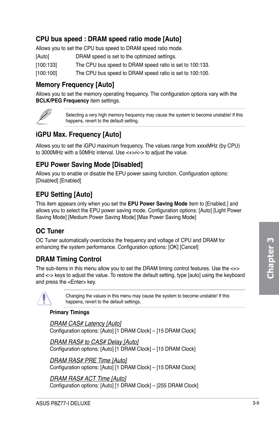 Chapter 3, Cpu bus speed : dram speed ratio mode [auto, Igpu max. frequency [auto | Epu power saving mode [disabled, Epu setting [auto, Oc tuner, Dram timing control | Asus P8Z77-I DELUXE/WD User Manual | Page 75 / 178