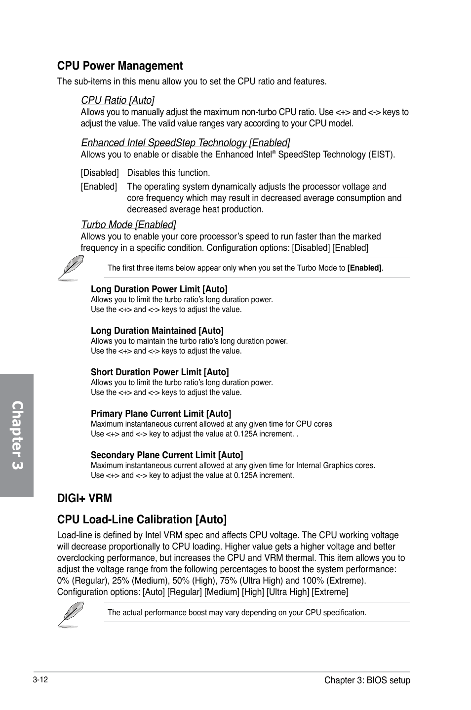 Chapter 3, Cpu power management, Digi+ vrm cpu load-line calibration [auto | Asus P8Z77-I DELUXE/WD User Manual | Page 78 / 178