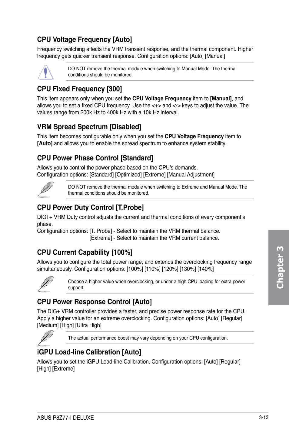 Chapter 3, Cpu voltage frequency [auto, Cpu fixed frequency [300 | Vrm spread spectrum [disabled, Cpu power phase control [standard, Cpu power duty control [t.probe, Cpu current capability [100, Cpu power response control [auto, Igpu load-line calibration [auto | Asus P8Z77-I DELUXE/WD User Manual | Page 79 / 178