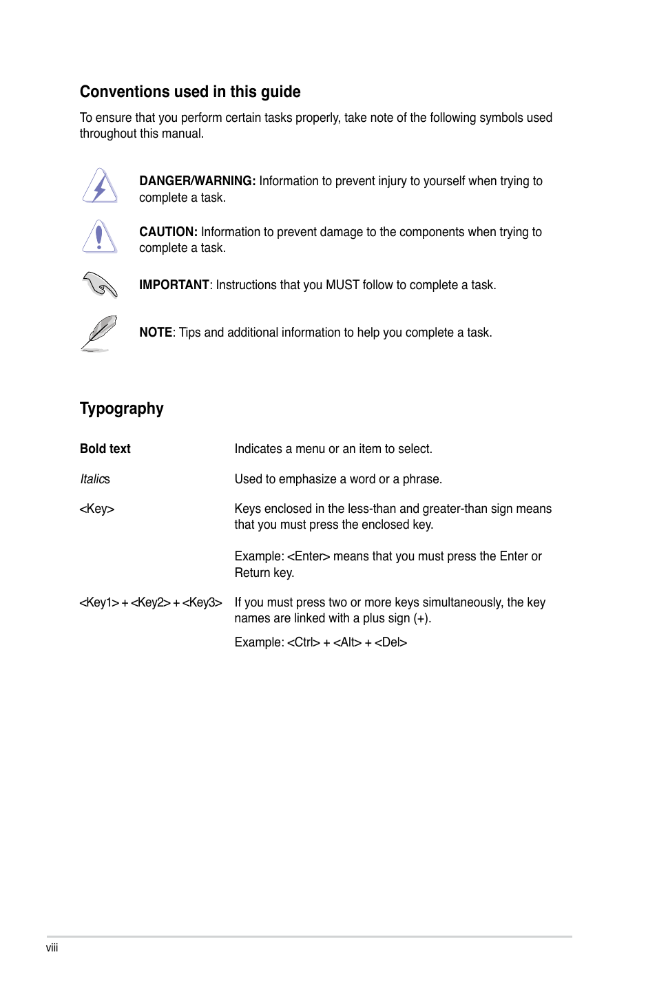 Conventions used in this guide, Typography | Asus P8Z77-I DELUXE/WD User Manual | Page 8 / 178