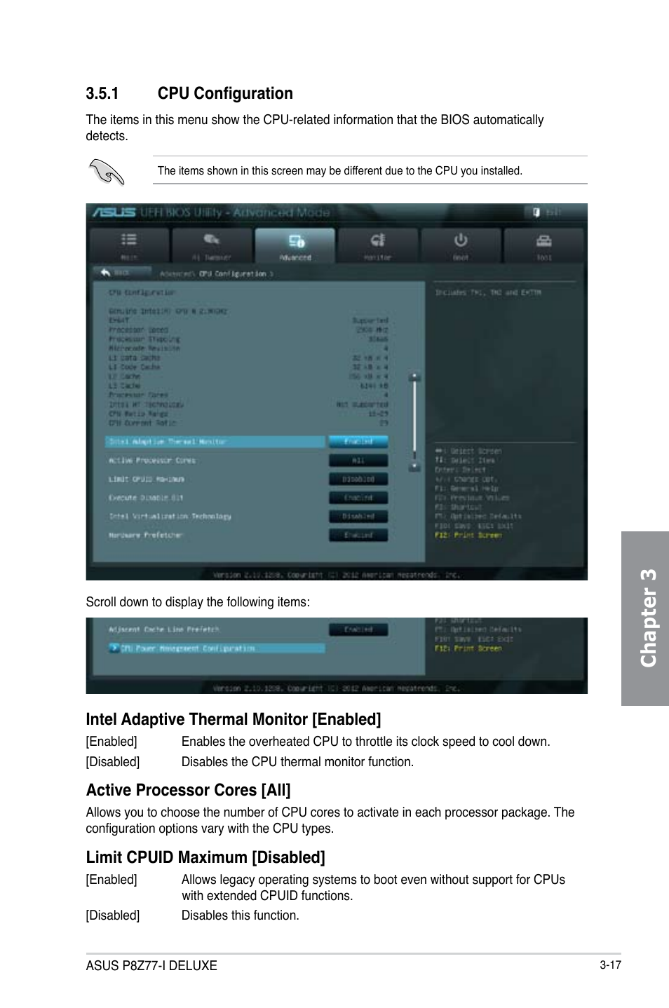 1 cpu configuration, Cpu configuration -17, Chapter 3 | Intel adaptive thermal monitor [enabled, Active processor cores [all, Limit cpuid maximum [disabled | Asus P8Z77-I DELUXE/WD User Manual | Page 83 / 178