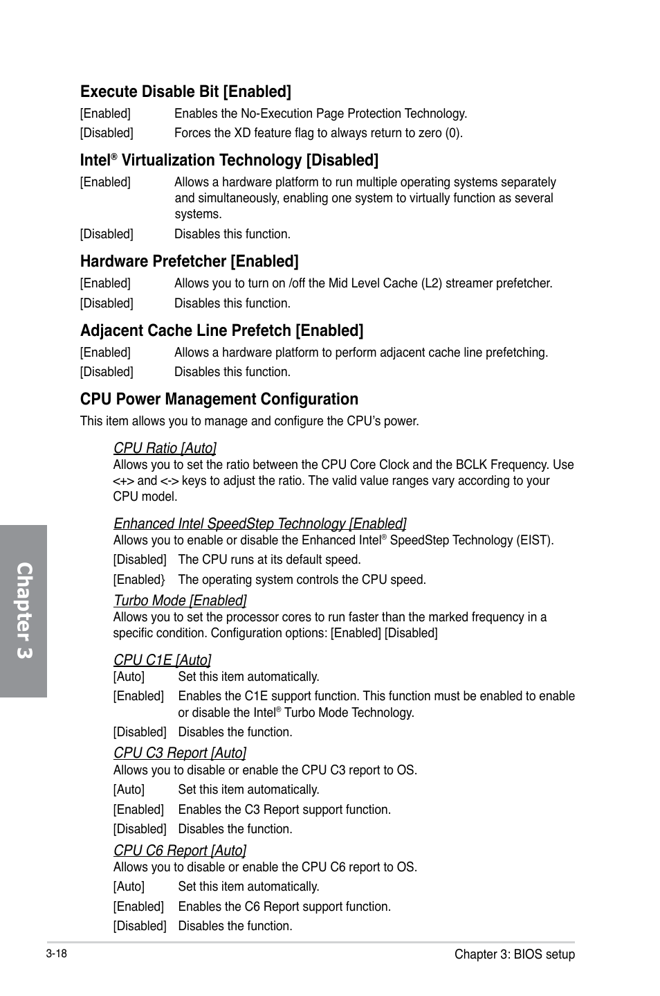 Chapter 3, Execute disable bit [enabled, Intel | Virtualization technology [disabled, Hardware prefetcher [enabled, Adjacent cache line prefetch [enabled, Cpu power management configuration | Asus P8Z77-I DELUXE/WD User Manual | Page 84 / 178