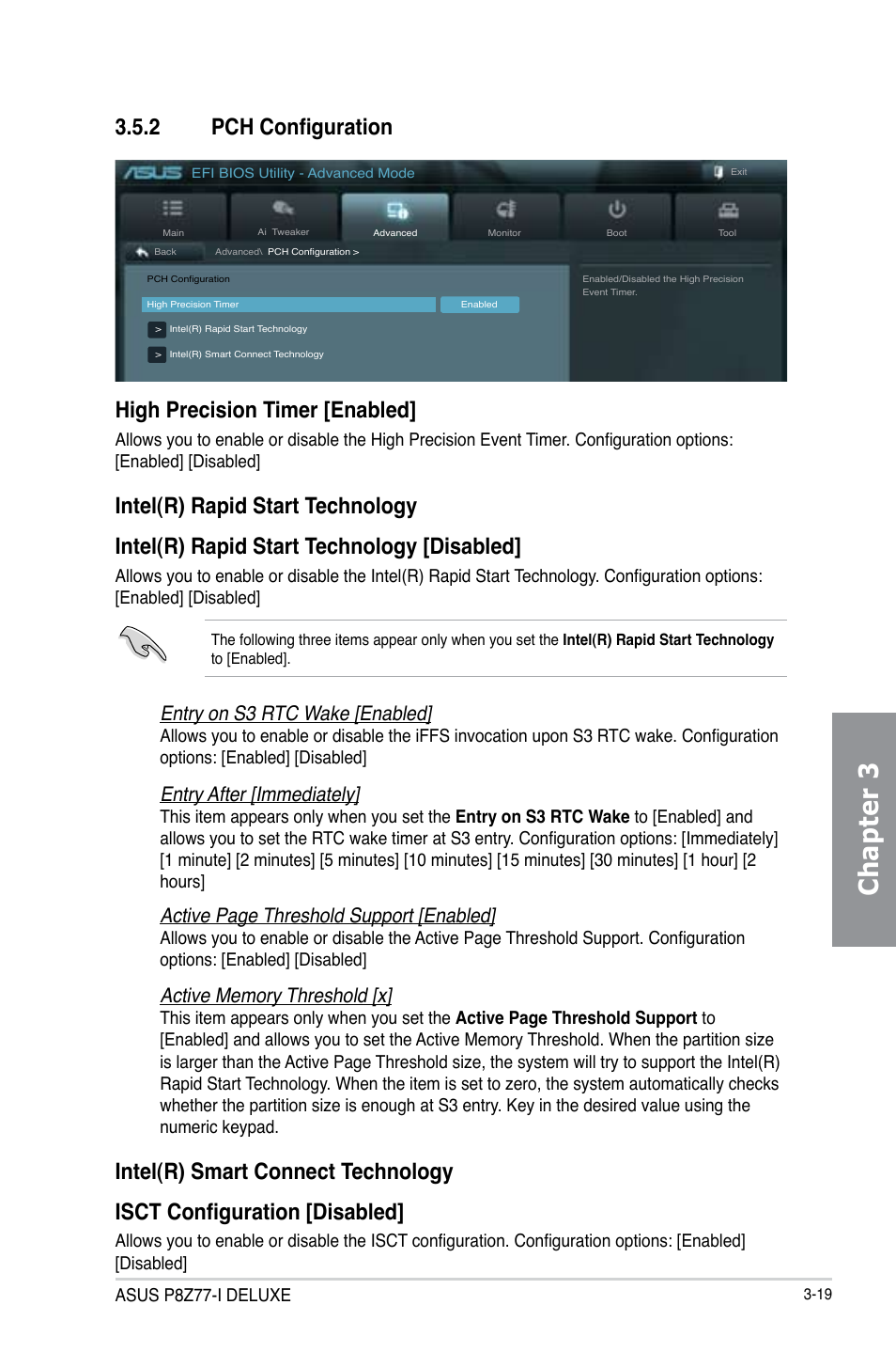 2 pch configuration, Pch configuration -19, Chapter 3 | High precision timer [enabled, Entry on s3 rtc wake [enabled, Entry after [immediately, Active page threshold support [enabled | Asus P8Z77-I DELUXE/WD User Manual | Page 85 / 178