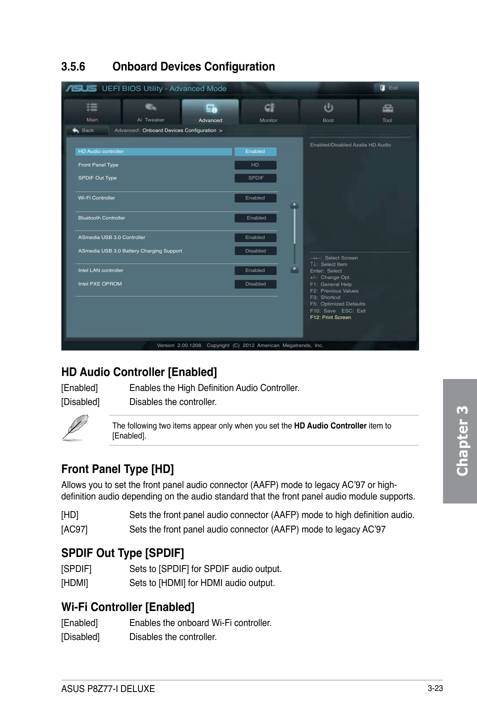 6 onboard devices configuration, Onboard devices configuration -23, Chapter 3 | Hd audio controller [enabled, Front panel type [hd, Spdif out type [spdif, Wi-fi controller [enabled, Asus p8z77-i deluxe | Asus P8Z77-I DELUXE/WD User Manual | Page 89 / 178