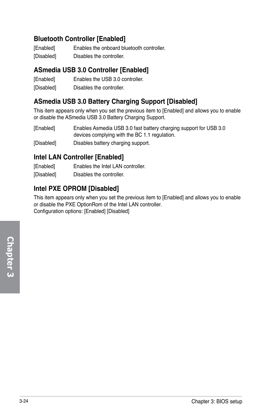 Chapter 3, Bluetooth controller [enabled, Asmedia usb 3.0 controller [enabled | Asmedia usb 3.0 battery charging support [disabled, Intel lan controller [enabled, Intel pxe oprom [disabled | Asus P8Z77-I DELUXE/WD User Manual | Page 90 / 178