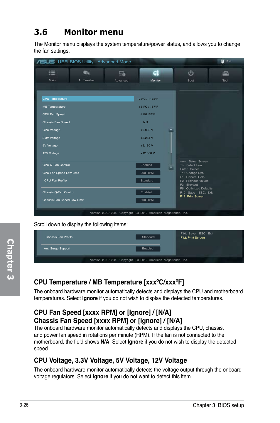 6 monitor menu, Monitor menu -26, Chapter 3 3.6 monitor menu | Cpu temperature / mb temperature [xxxºc/xxxºf, Chapter 3: bios setup, Scroll down to display the following items | Asus P8Z77-I DELUXE/WD User Manual | Page 92 / 178