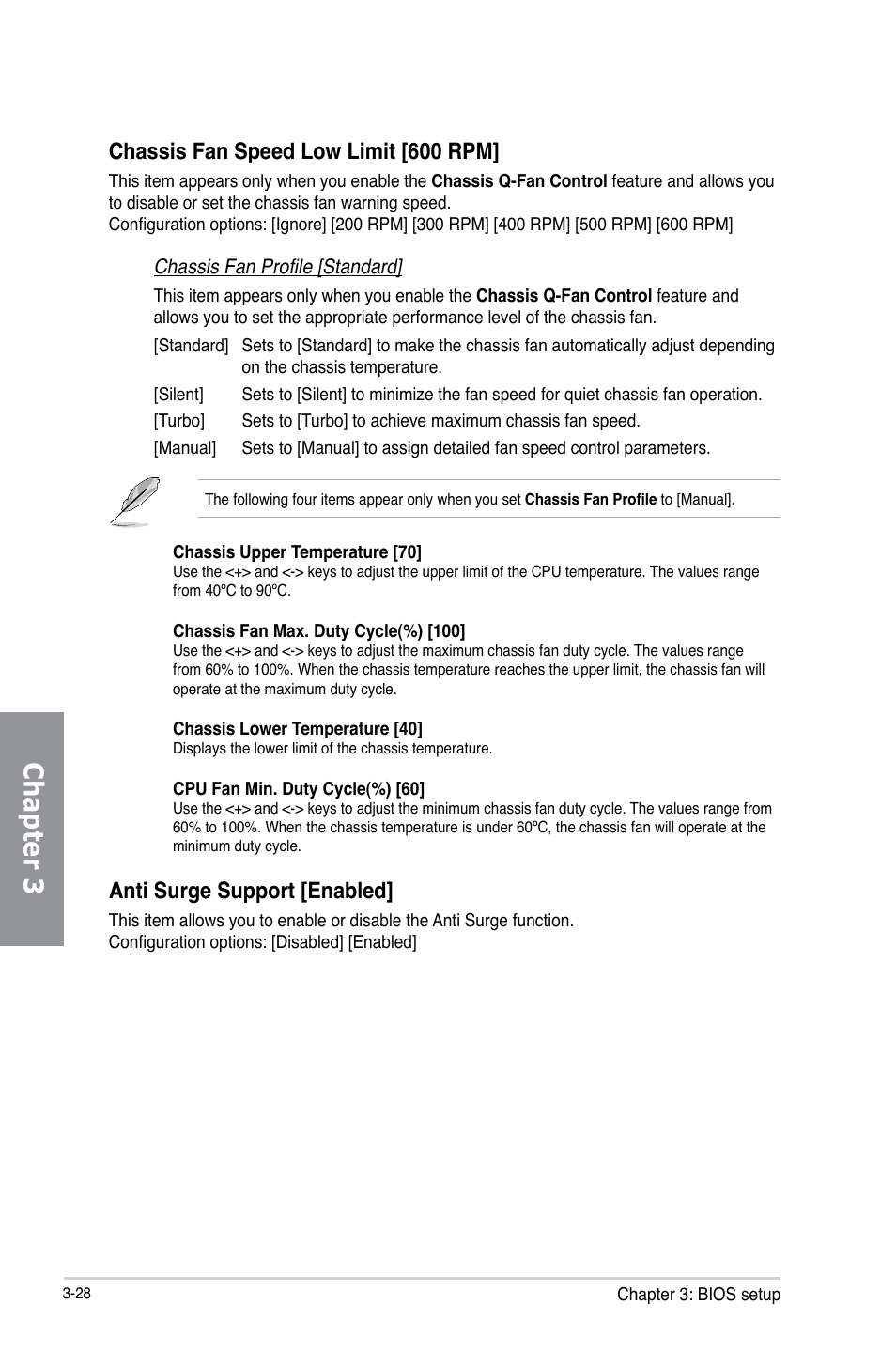 Chapter 3, Chassis fan speed low limit [600 rpm, Anti surge support [enabled | Asus P8Z77-I DELUXE/WD User Manual | Page 94 / 178