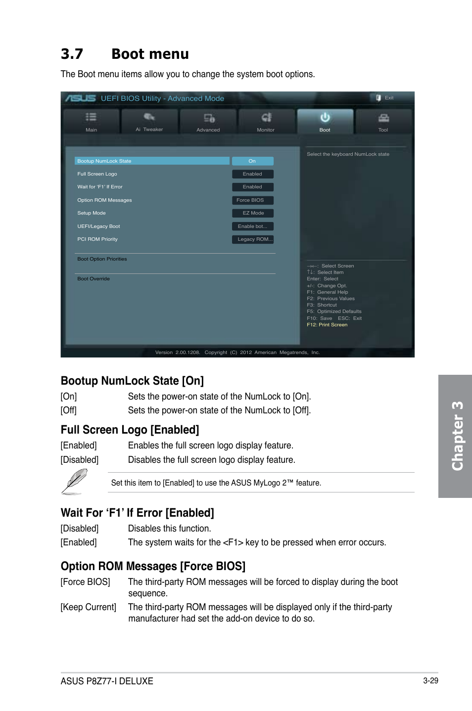 7 boot menu, Boot menu -29, Chapter 3 3.7 boot menu | Bootup numlock state [on, Full screen logo [enabled, Wait for ‘f1’ if error [enabled, Option rom messages [force bios, Asus p8z77-i deluxe | Asus P8Z77-I DELUXE/WD User Manual | Page 95 / 178