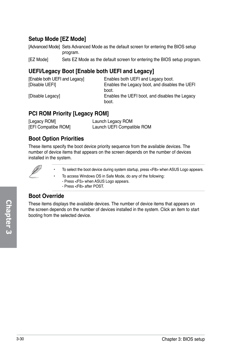 Chapter 3, Setup mode [ez mode, Uefi/legacy boot [enable both uefi and legacy | Pci rom priority [legacy rom, Boot option priorities, Boot override | Asus P8Z77-I DELUXE/WD User Manual | Page 96 / 178