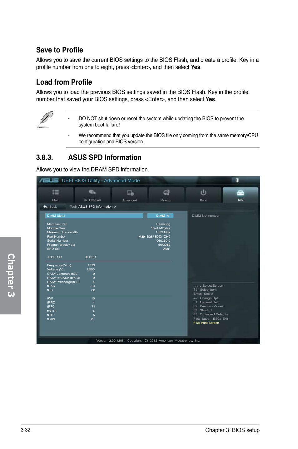 Asus spd information, Asus spd information -32, Chapter 3 | Save to profile, Load from profile, Chapter 3: bios setup, Allows you to view the dram spd information | Asus P8Z77-I DELUXE/WD User Manual | Page 98 / 178