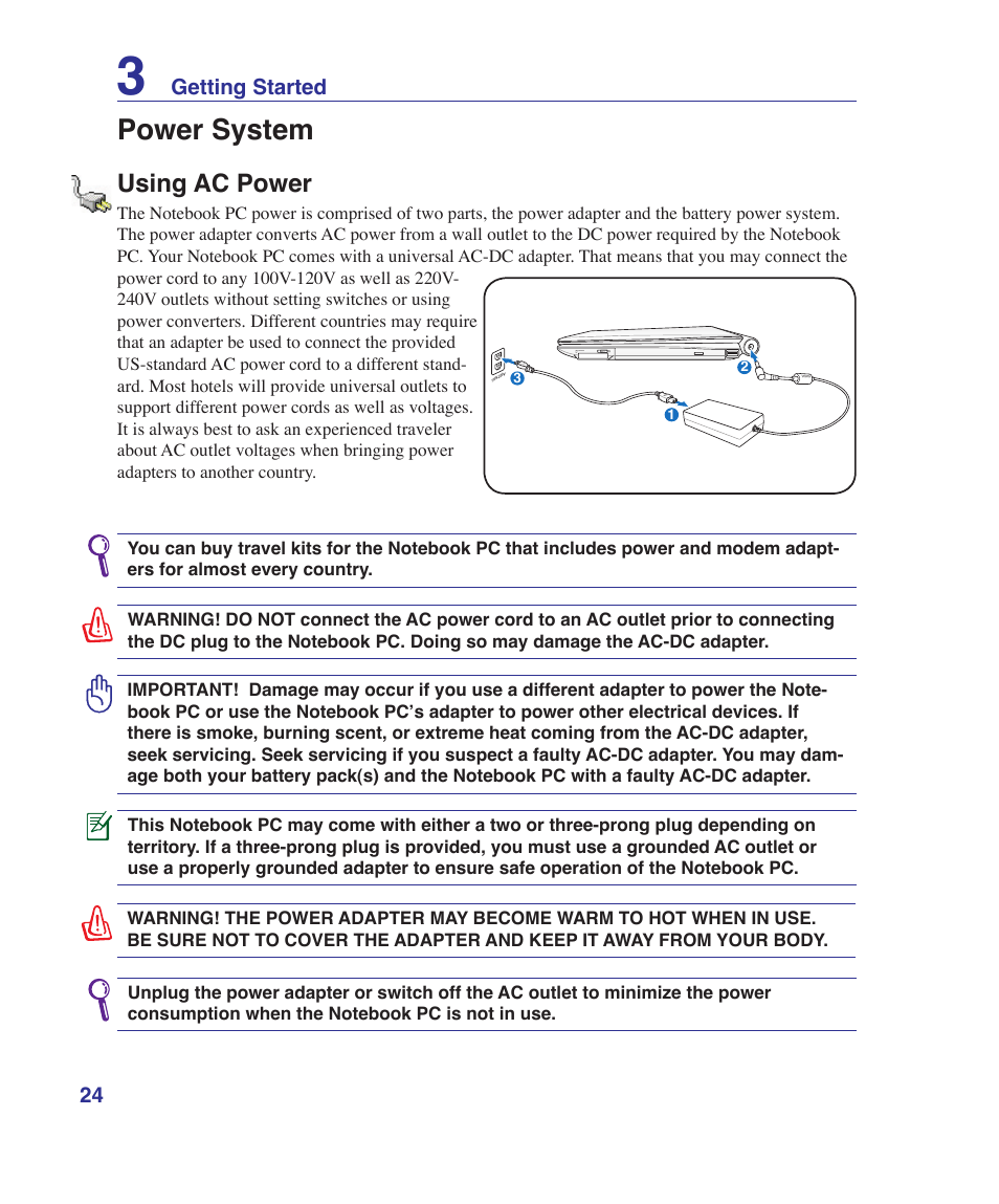 Power system, Using ac power | Asus X80A User Manual | Page 24 / 88