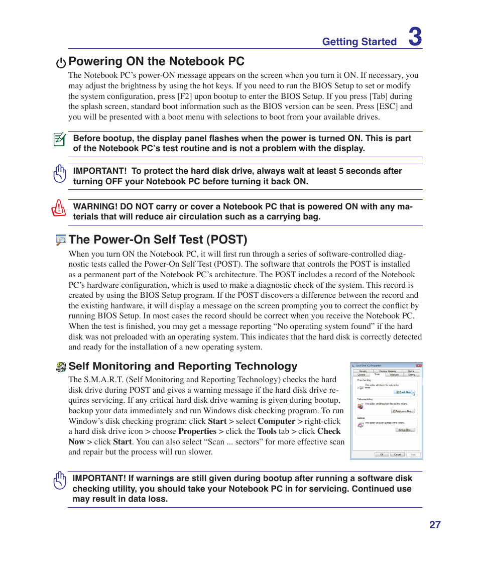 Powering on the notebook pc, The power-on self test (post) | Asus X80A User Manual | Page 27 / 88