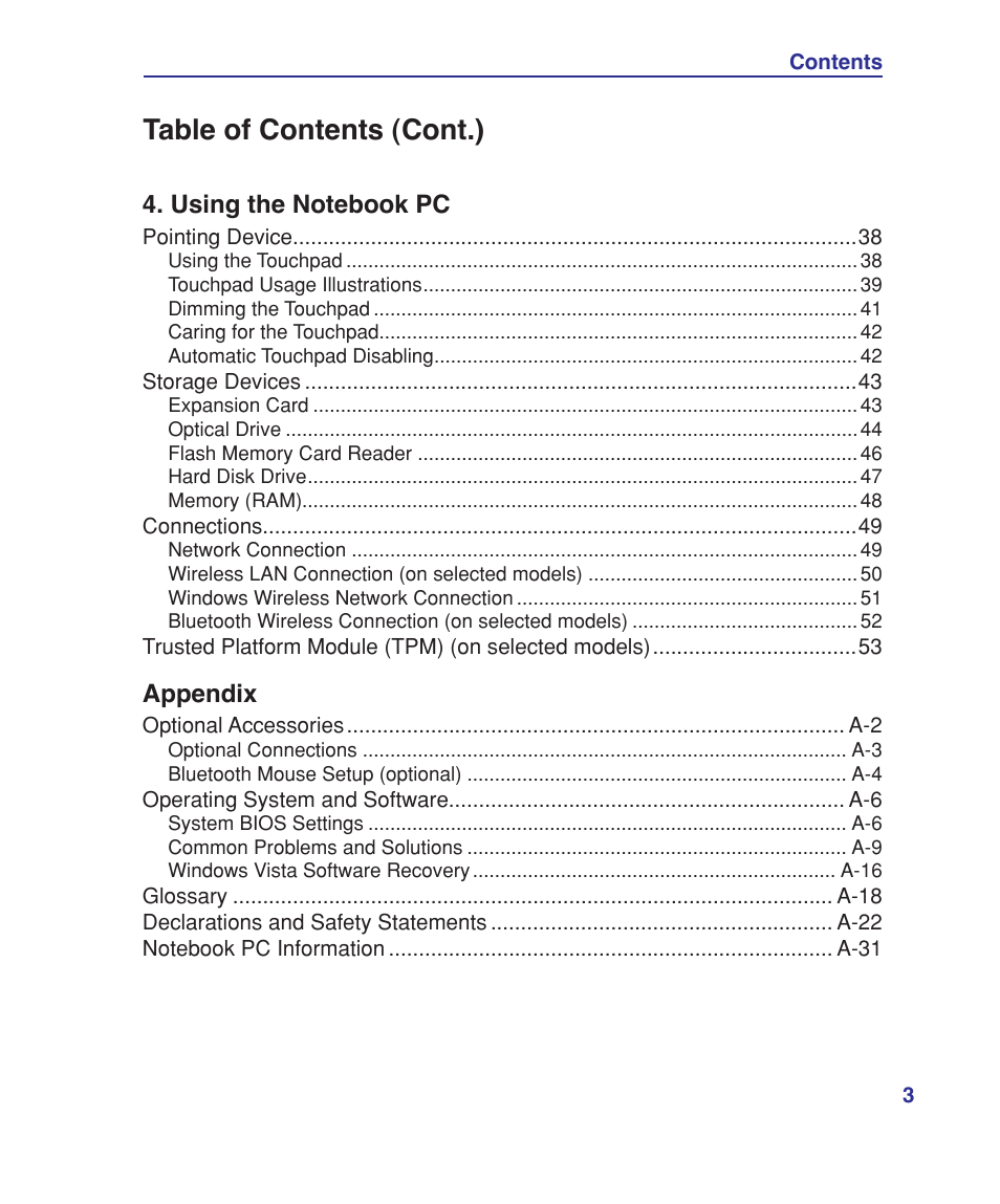 Table of contents (cont.), Appendix | Asus X80A User Manual | Page 3 / 88