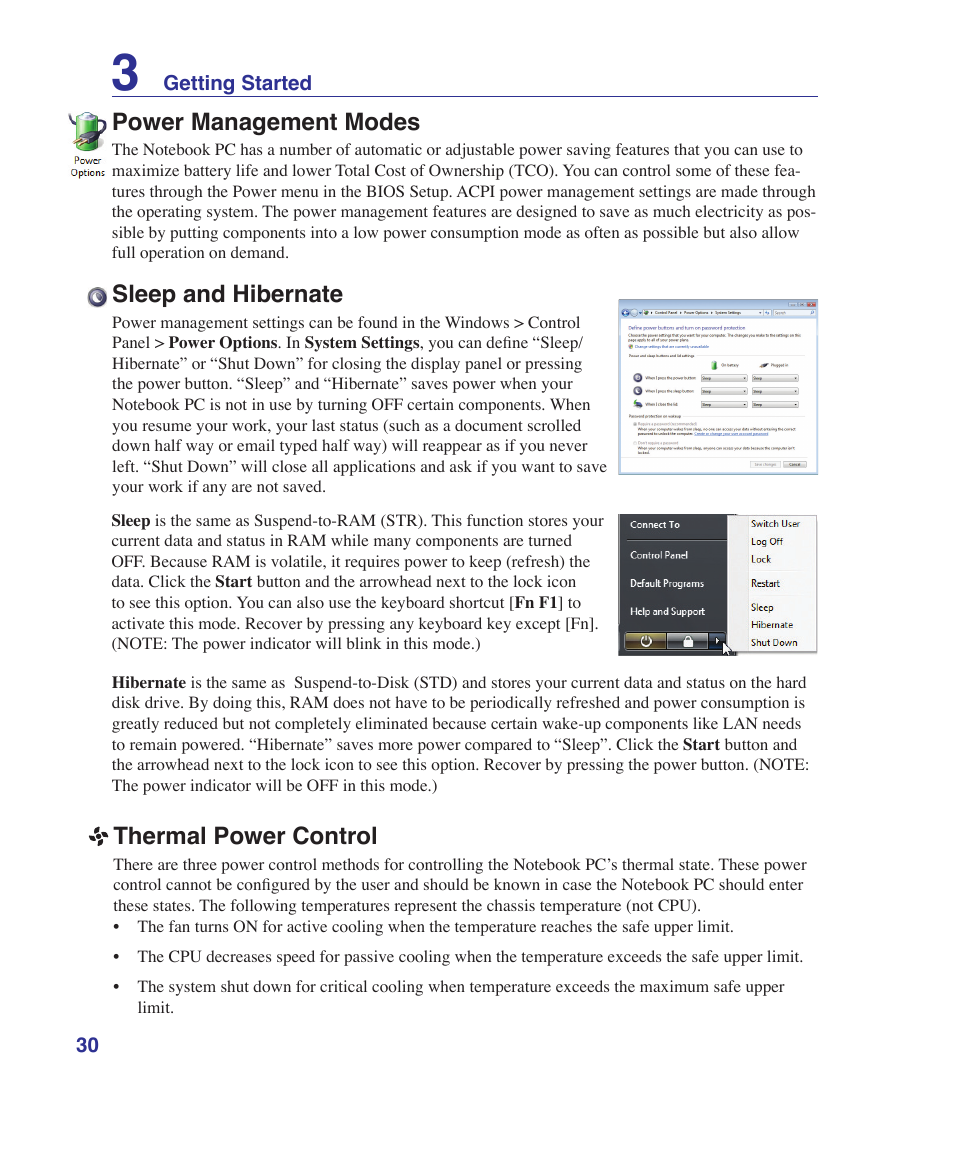 Power management modes, Sleep and hibernate, Thermal power control | Asus X80A User Manual | Page 30 / 88