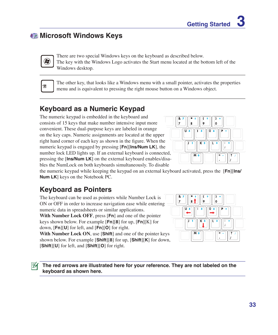 Microsoft windows keys, Keyboard as a numeric keypad, Keyboard as pointers | Asus X80A User Manual | Page 33 / 88
