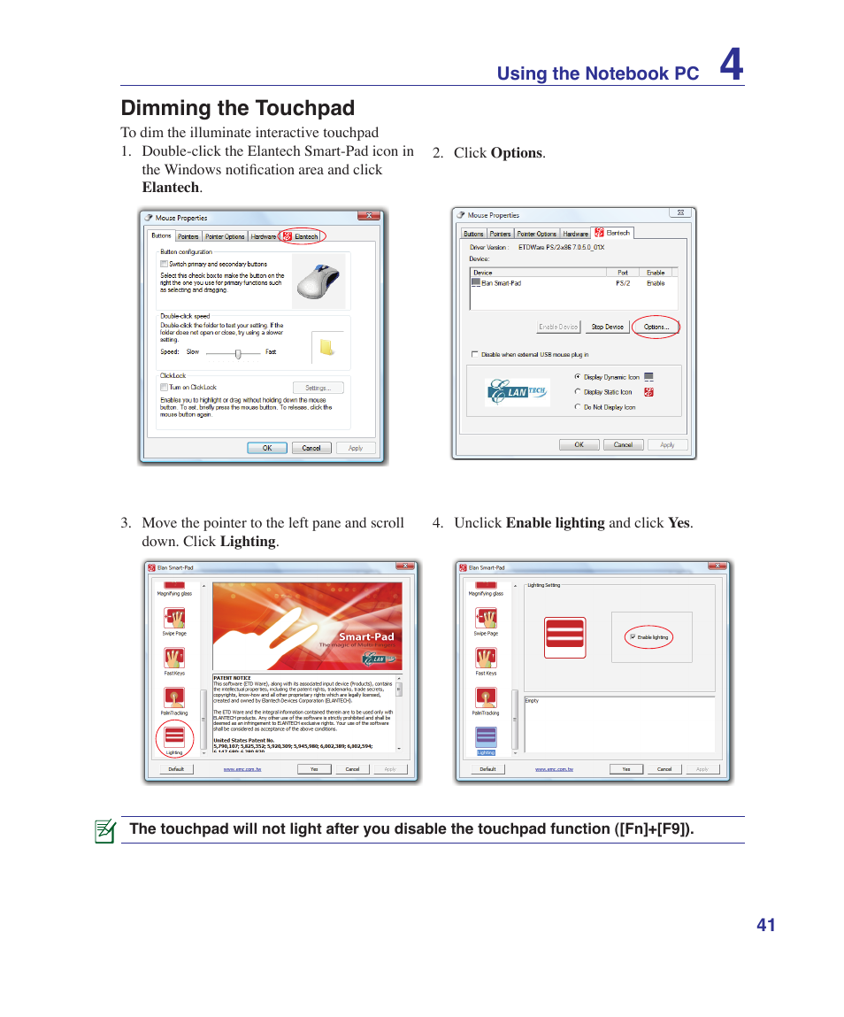 Dimming the touchpad | Asus X80A User Manual | Page 41 / 88