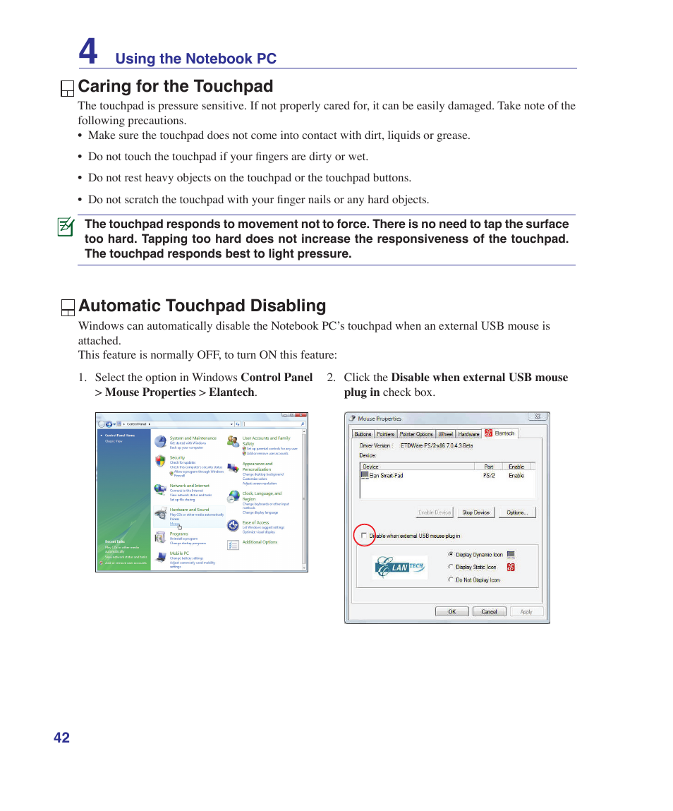 Caring for the touchpad, Automatic touchpad disabling | Asus X80A User Manual | Page 42 / 88