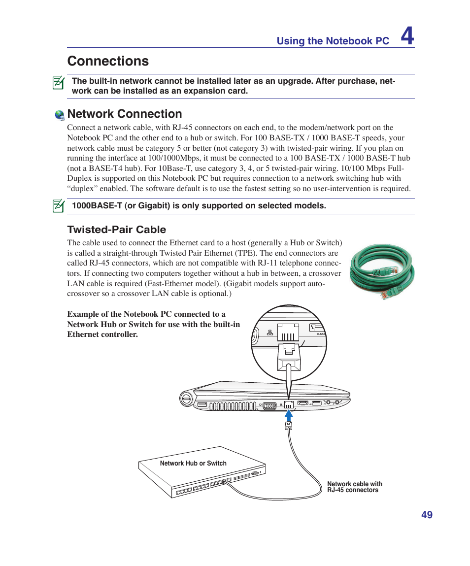 Connections, Network connection | Asus X80A User Manual | Page 49 / 88