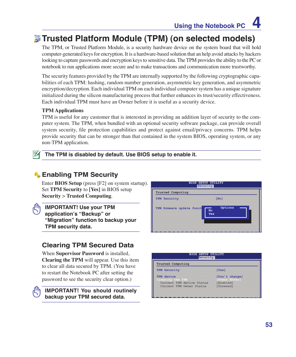 Trusted platform module (tpm) (on selected models), Enabling tpm security, Clearing tpm secured data | Asus X80A User Manual | Page 53 / 88