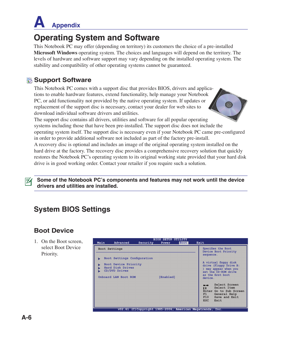 Operating system and software, System bios settings, Appendix support software | Boot device | Asus X80A User Manual | Page 60 / 88