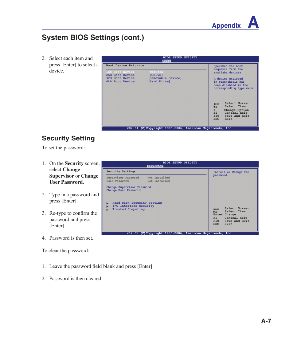 System bios settings (cont.), A-7 appendix, Security setting | Asus X80A User Manual | Page 61 / 88