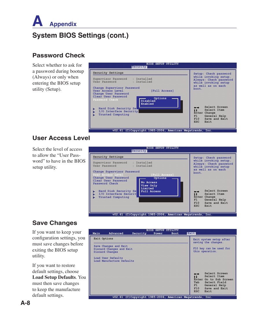 System bios settings (cont.), Password check, User access level save changes | Appendix | Asus X80A User Manual | Page 62 / 88