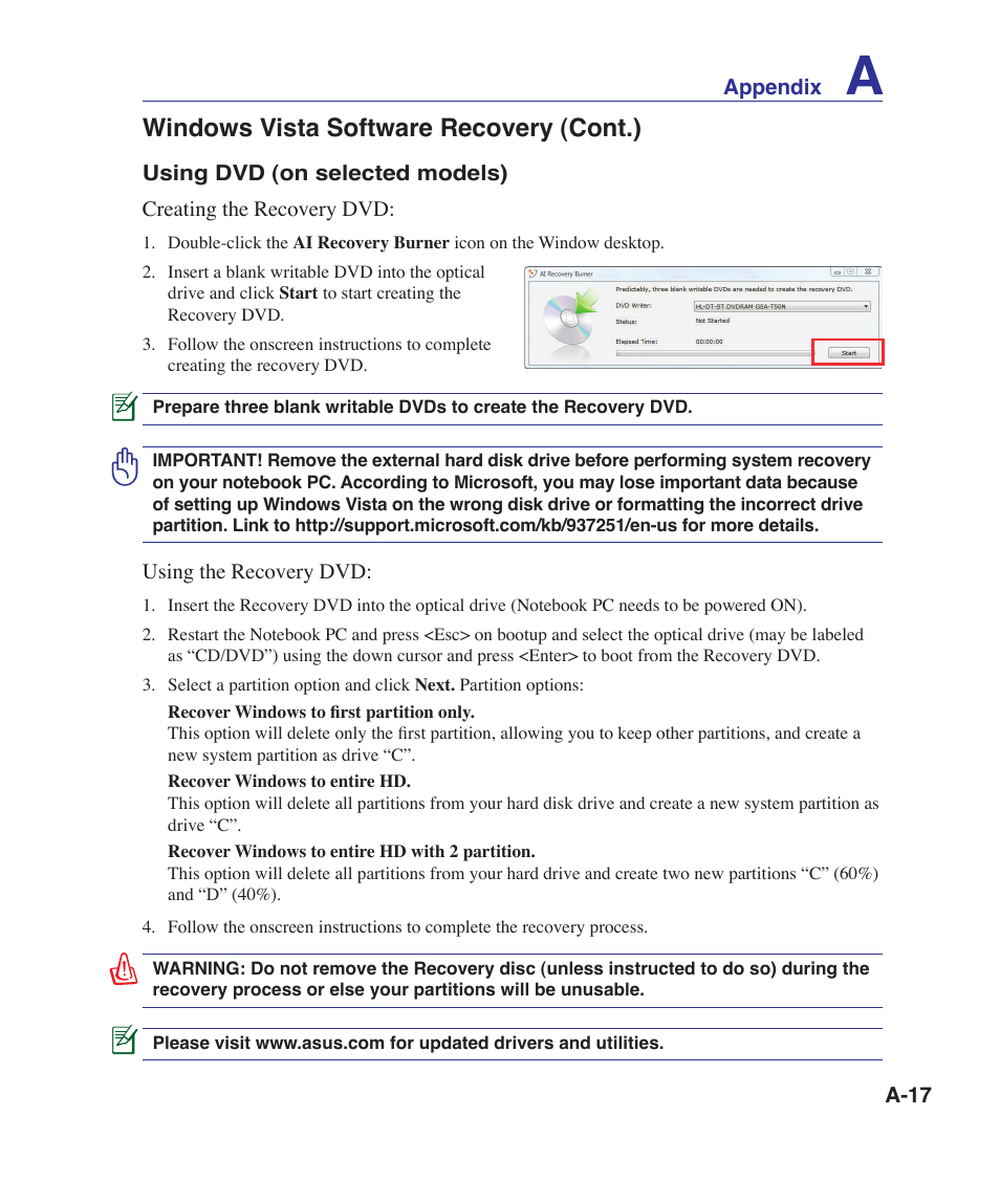 Windows vista software recovery (cont.) | Asus X80A User Manual | Page 71 / 88