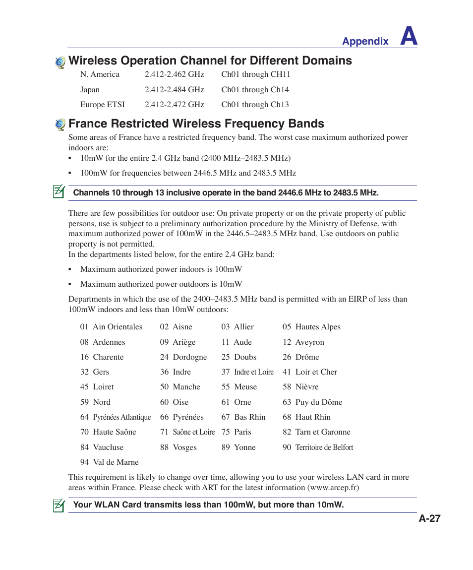 France restricted wireless frequency bands, Wireless operation channel for different domains | Asus X80A User Manual | Page 81 / 88