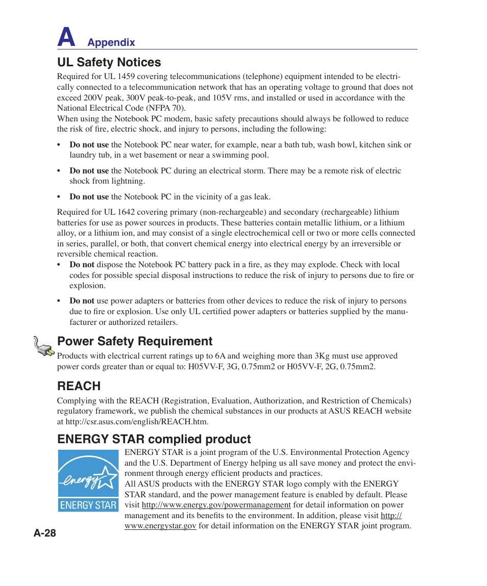 Ul safety notices, Power safety requirement, Reach | Energy star complied product | Asus X80A User Manual | Page 82 / 88