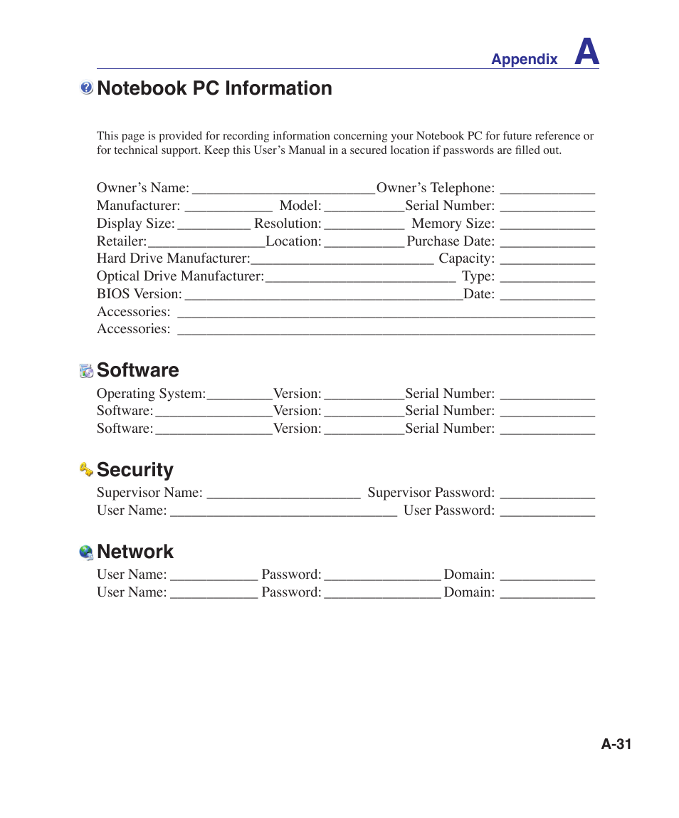 Notebook pc information, Software, Security | Network | Asus X80A User Manual | Page 85 / 88