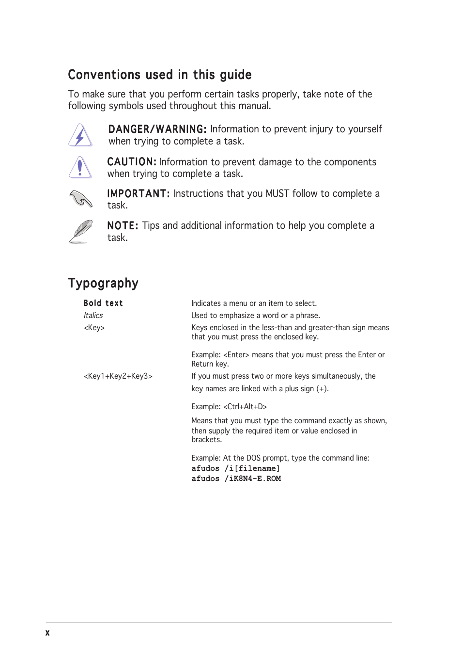 Conventions used in this guide, Typography | Asus K8N4-E DELUXE User Manual | Page 10 / 166