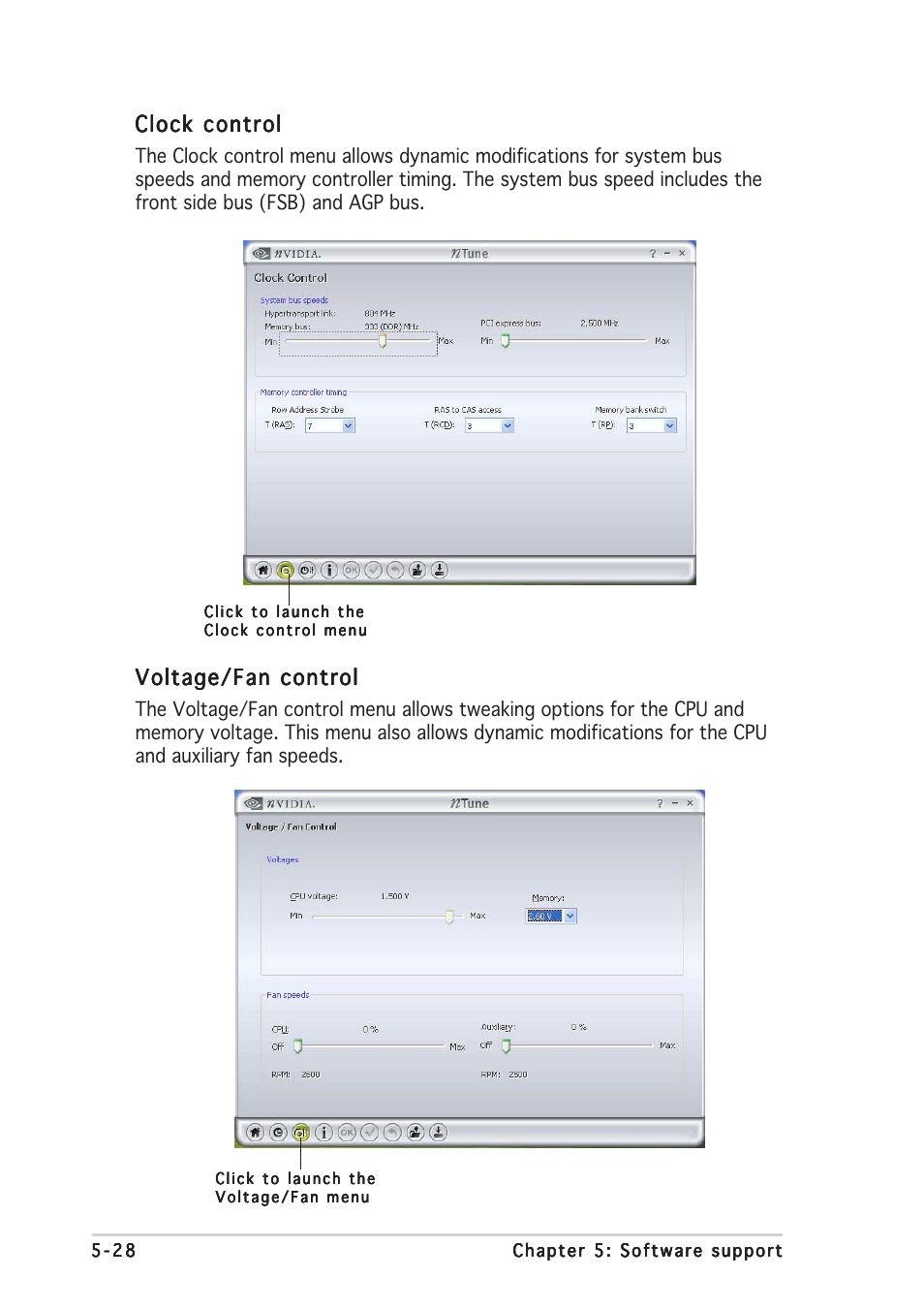 Clock control, Voltage/fan control | Asus K8N4-E DELUXE User Manual | Page 144 / 166