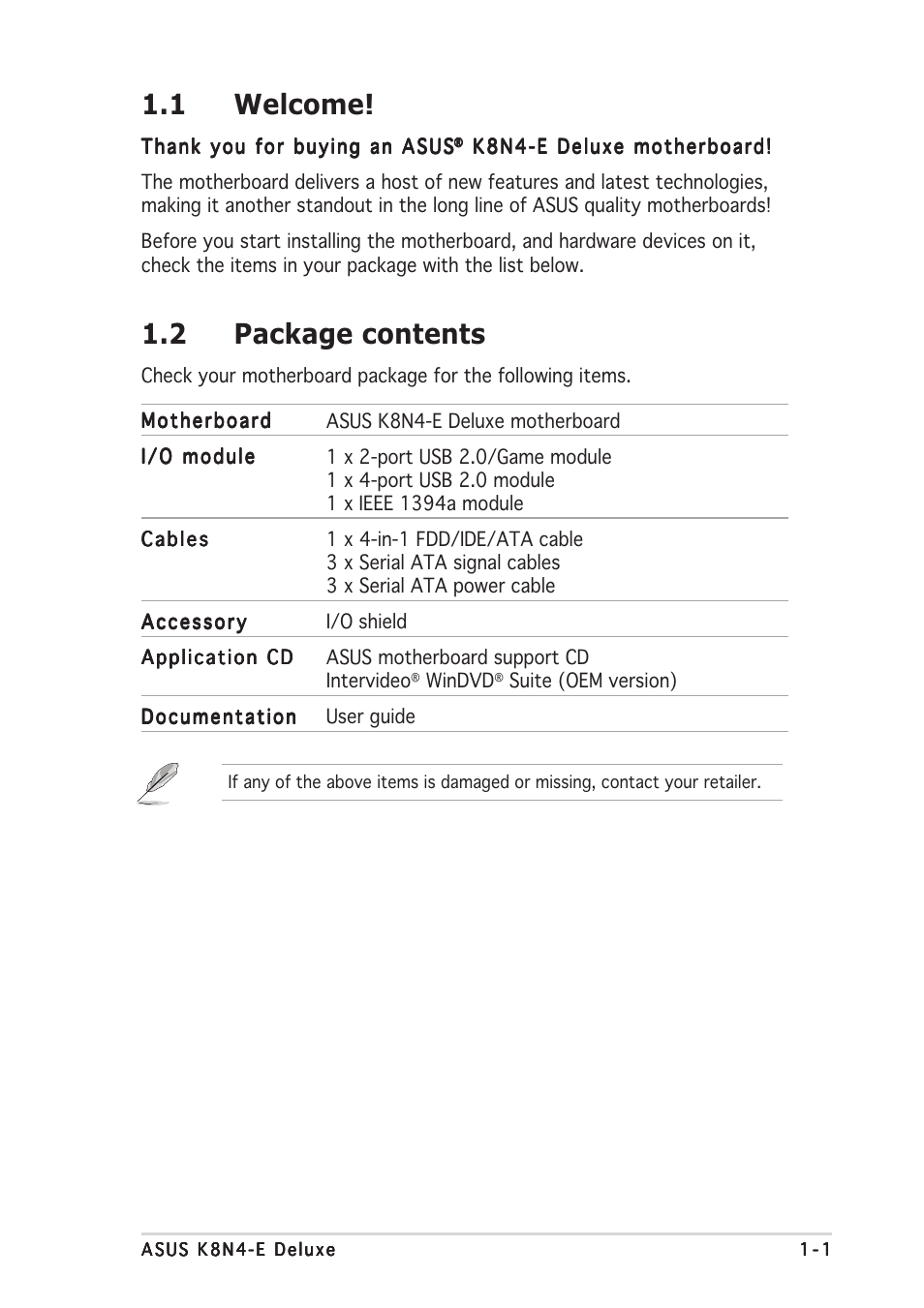 1 welcome, 2 package contents | Asus K8N4-E DELUXE User Manual | Page 17 / 166