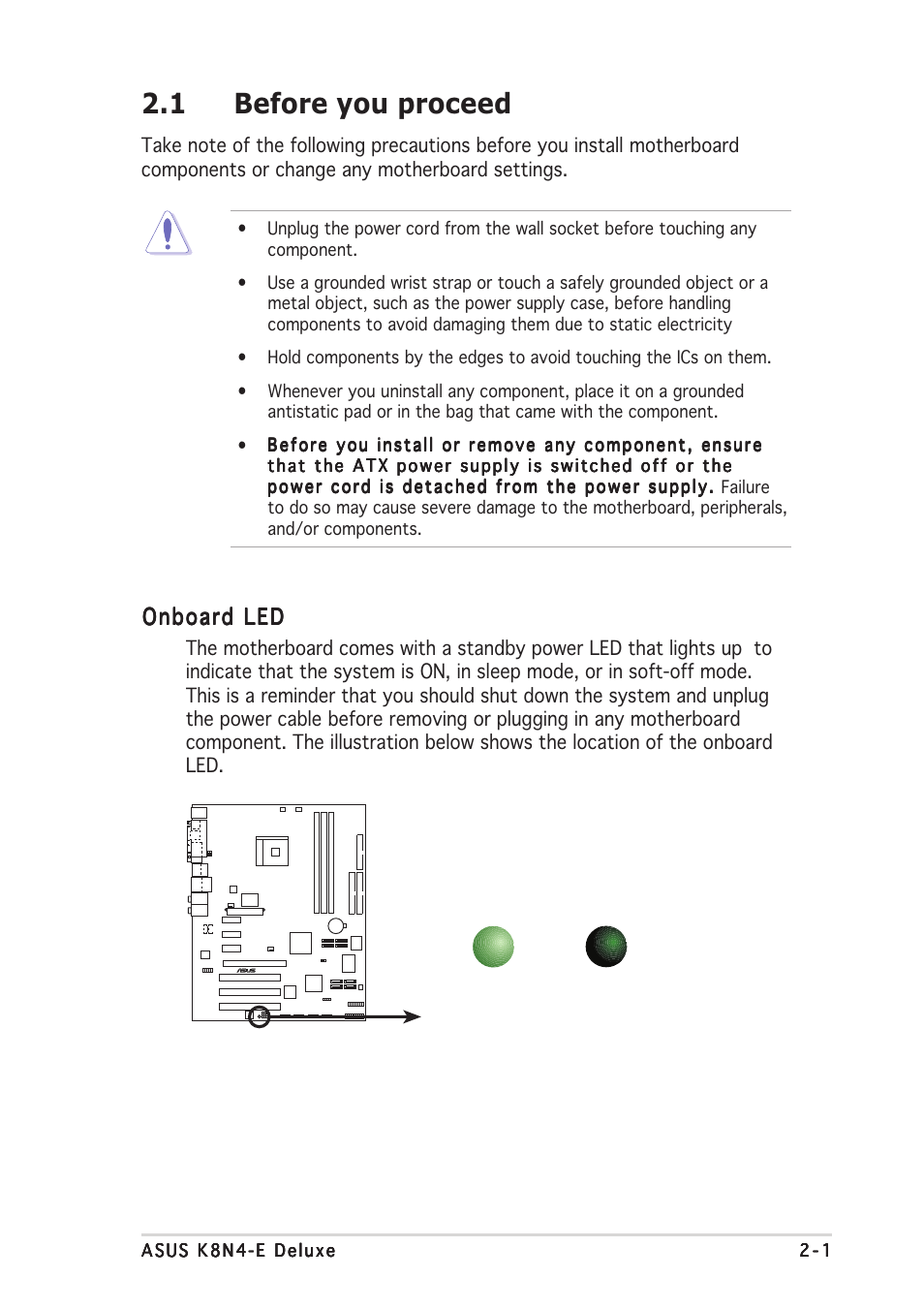 1 before you proceed, Onboard led | Asus K8N4-E DELUXE User Manual | Page 25 / 166