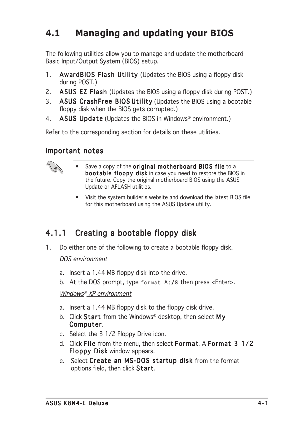 1 managing and updating your bios | Asus K8N4-E DELUXE User Manual | Page 67 / 166