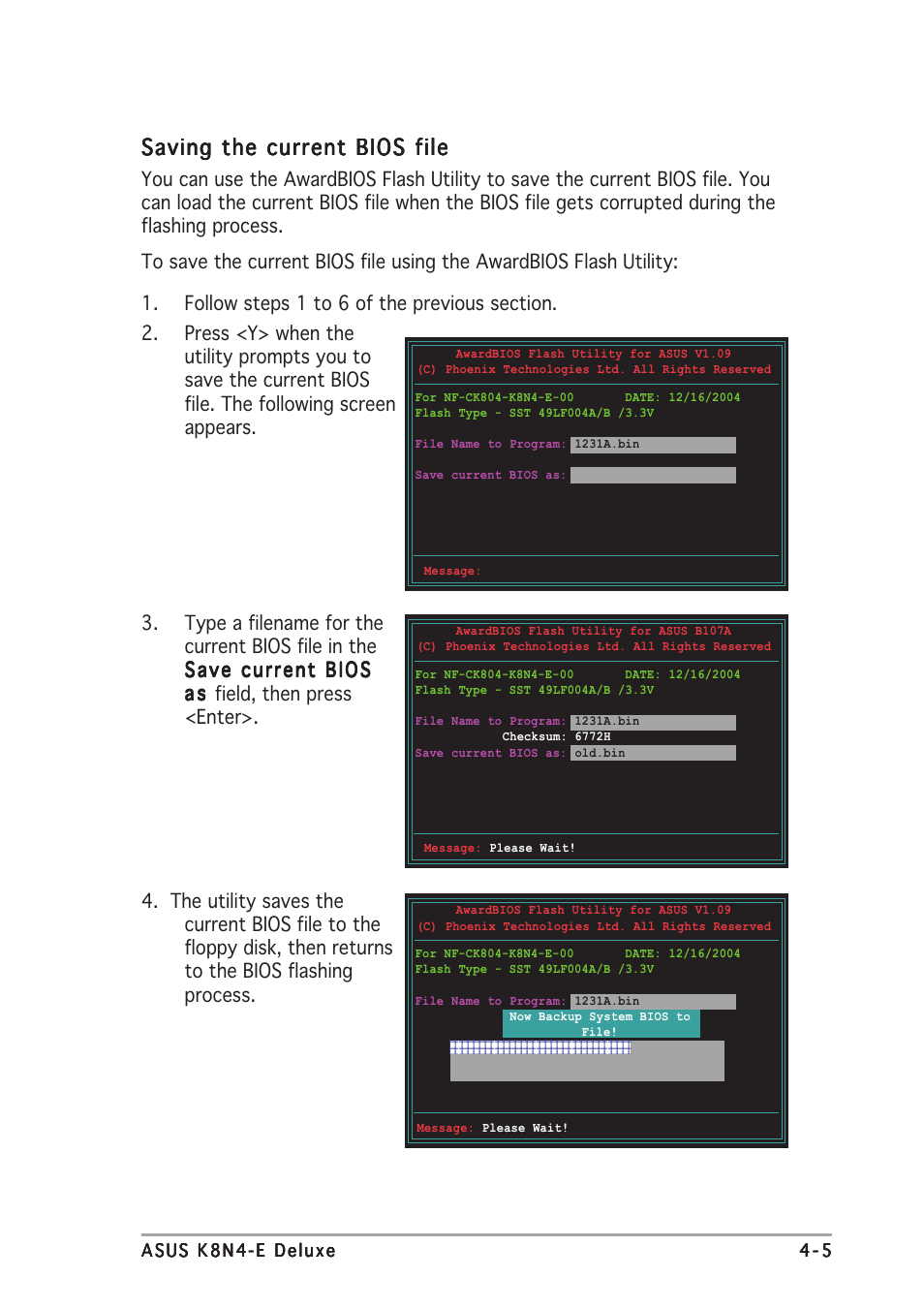 Saving the current bios file | Asus K8N4-E DELUXE User Manual | Page 71 / 166