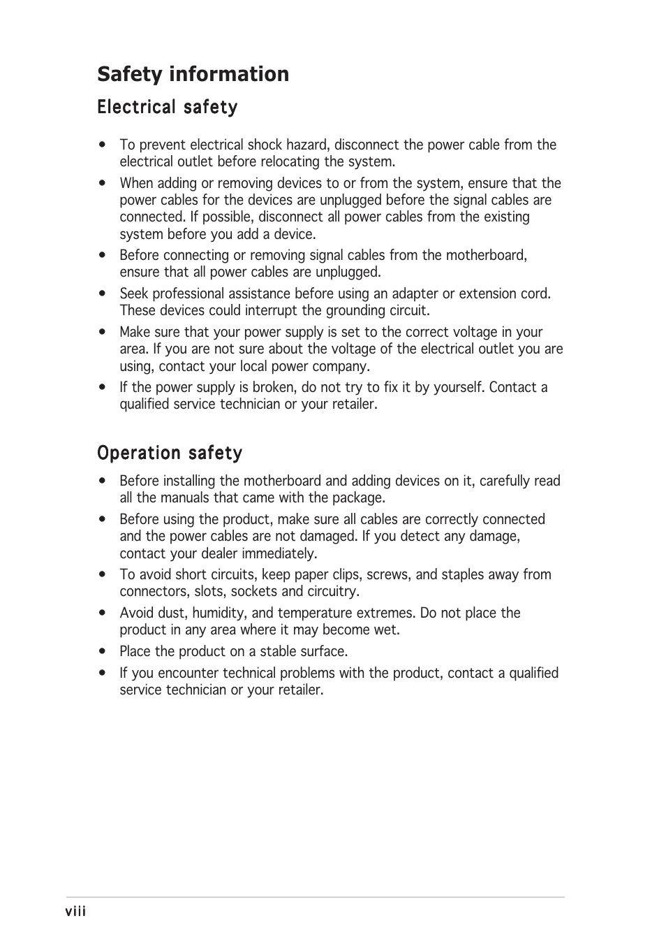 Safety information | Asus K8N4-E DELUXE User Manual | Page 8 / 166