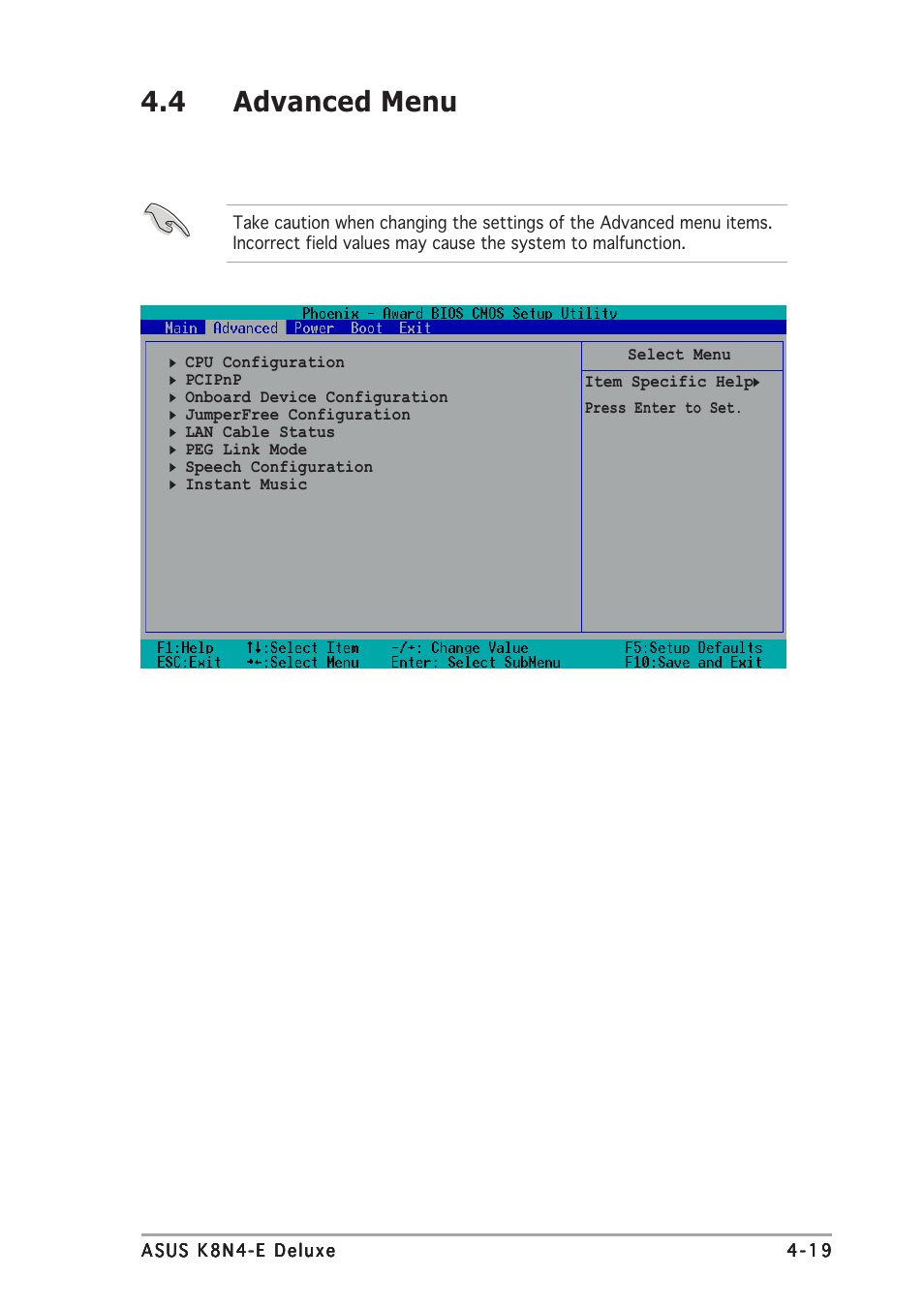 4 advanced menu | Asus K8N4-E DELUXE User Manual | Page 85 / 166