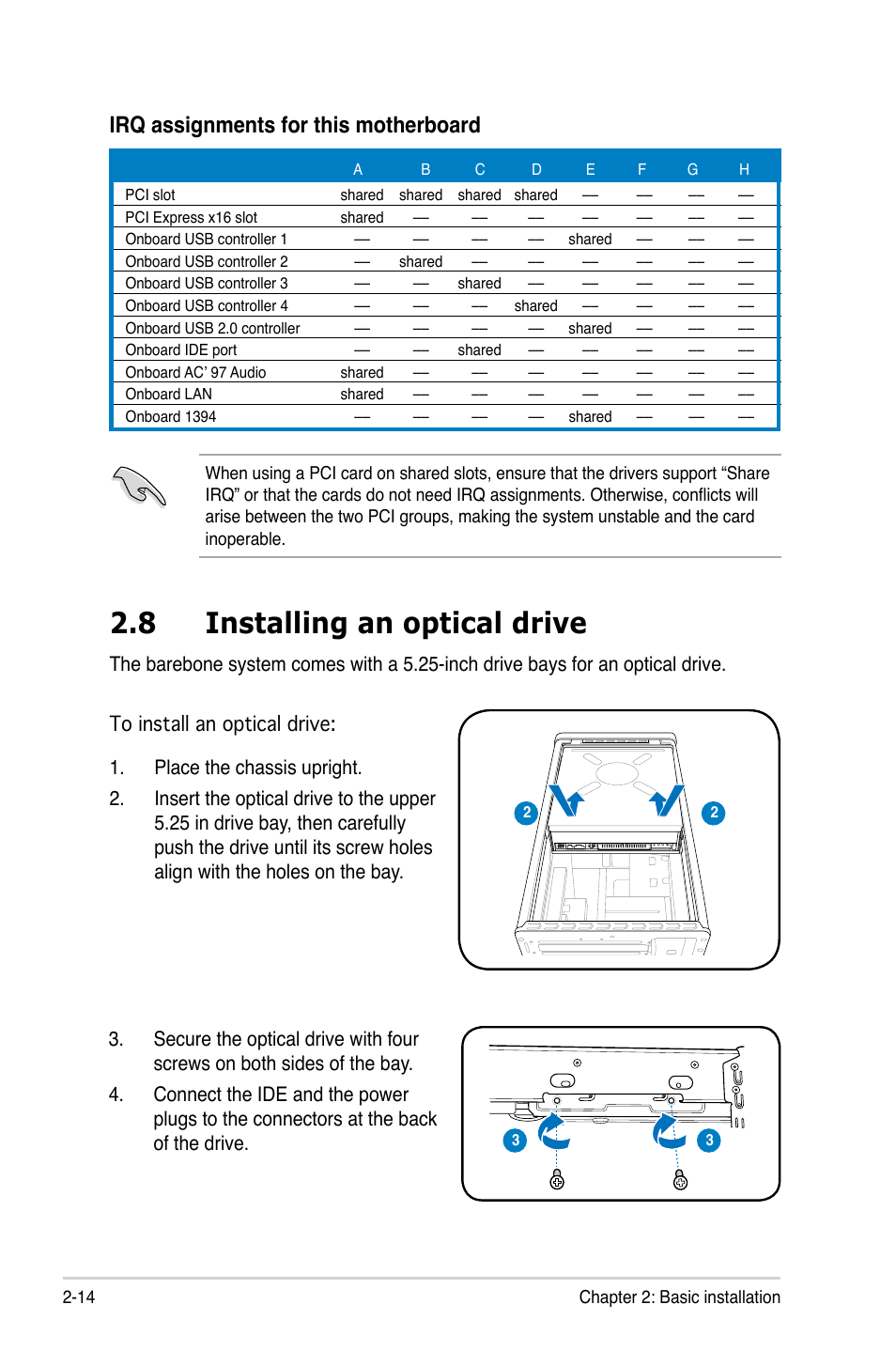 8 installing an optical drive, Irq assignments for this motherboard | Asus T3-P5945GCX2 User Manual | Page 30 / 80